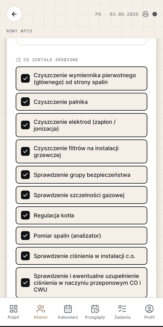 Lista czynności przeglądu kotła do odklikania w aplikacji hvacio