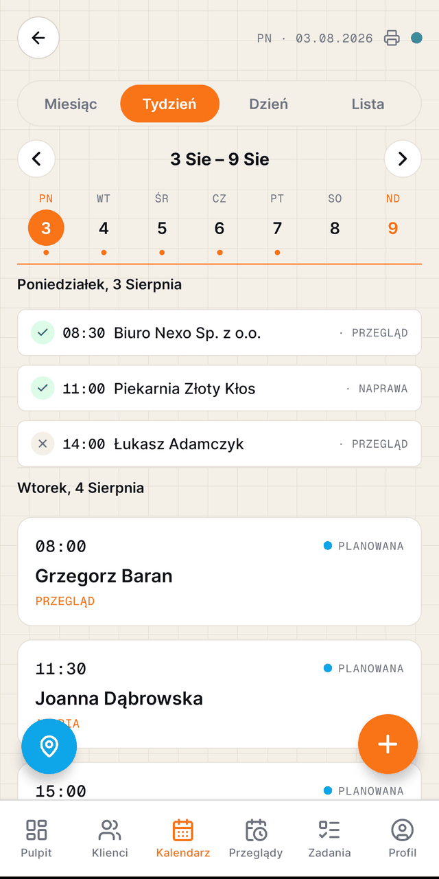 Kalendarz wizyt serwisowych w aplikacji hvacio