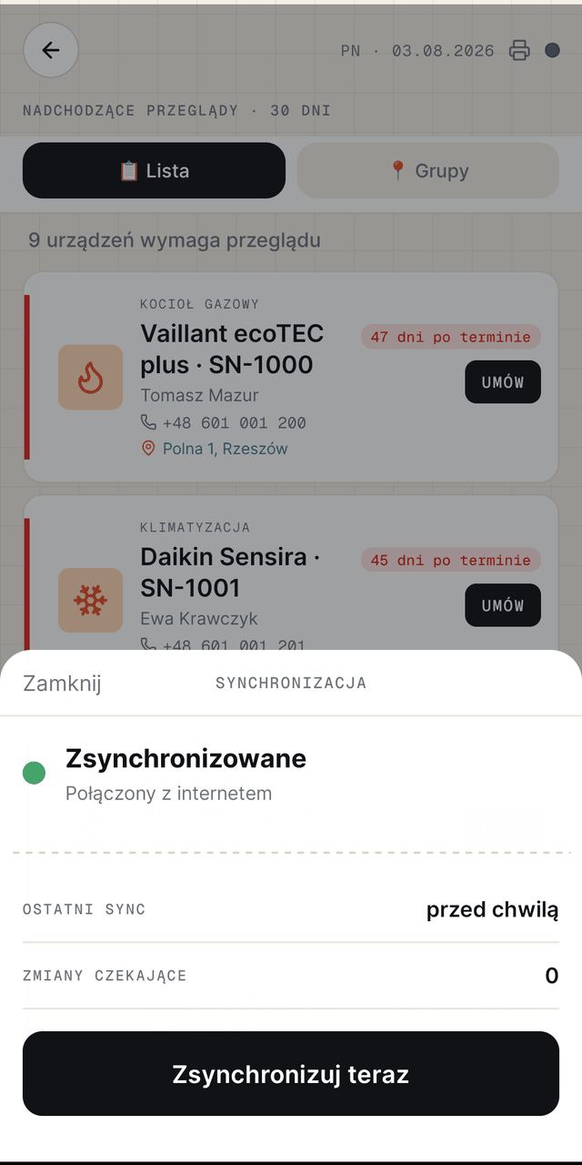 Stan synchronizacji danych w aplikacji hvacio