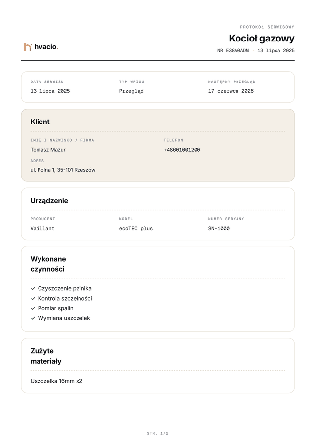 Protokół serwisowy PDF wygenerowany w aplikacji hvacio